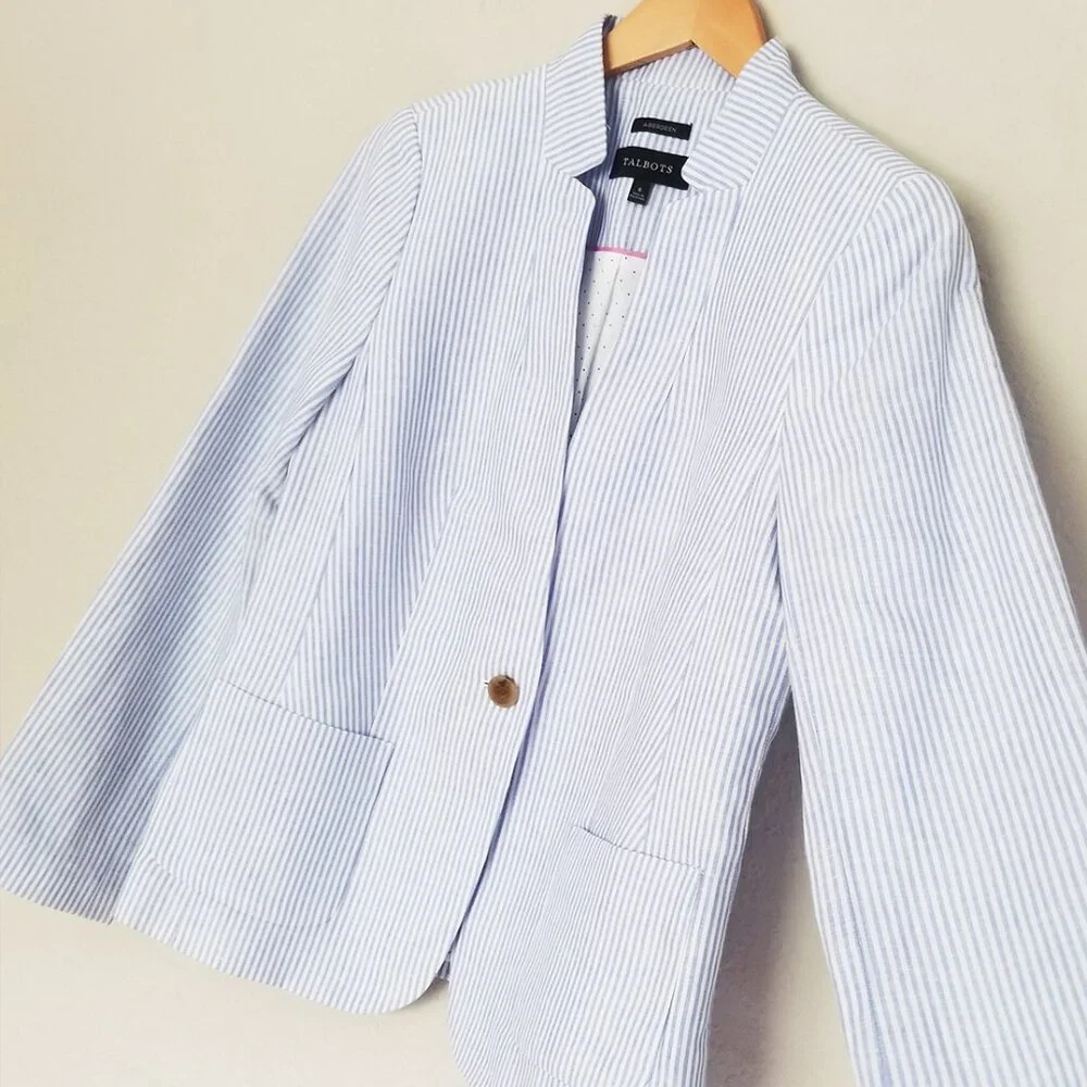 Talbots Light Blue White Stripe Lightweight Blazer Jacket 6 Linen Cotton $159 - Picture 11 of 16